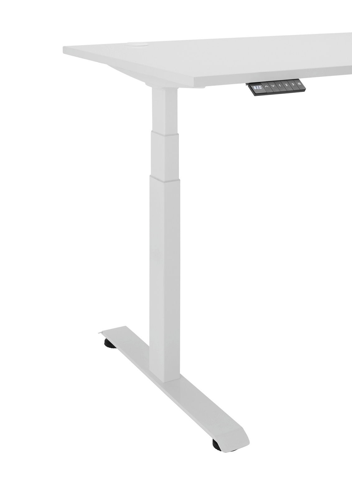 Moderner weißer höhenverstellbarer Eckschreibtisch, seitliche Perspektive mit digitalem Bedienfeld.