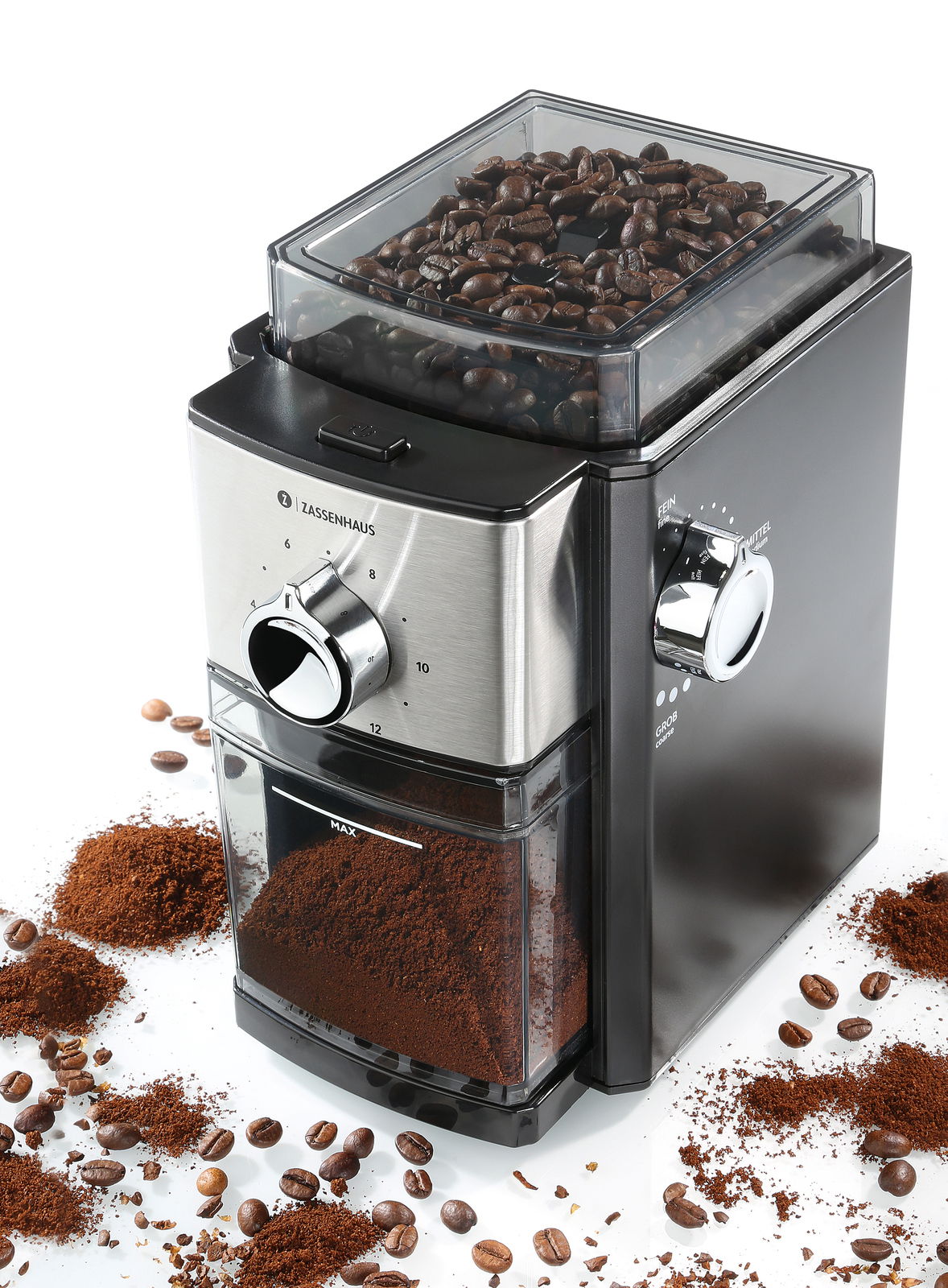 Kaffeemühle Kingston Steel mit Kaffeebohnen und gemahlenem Kaffee, seitliche Perspektive