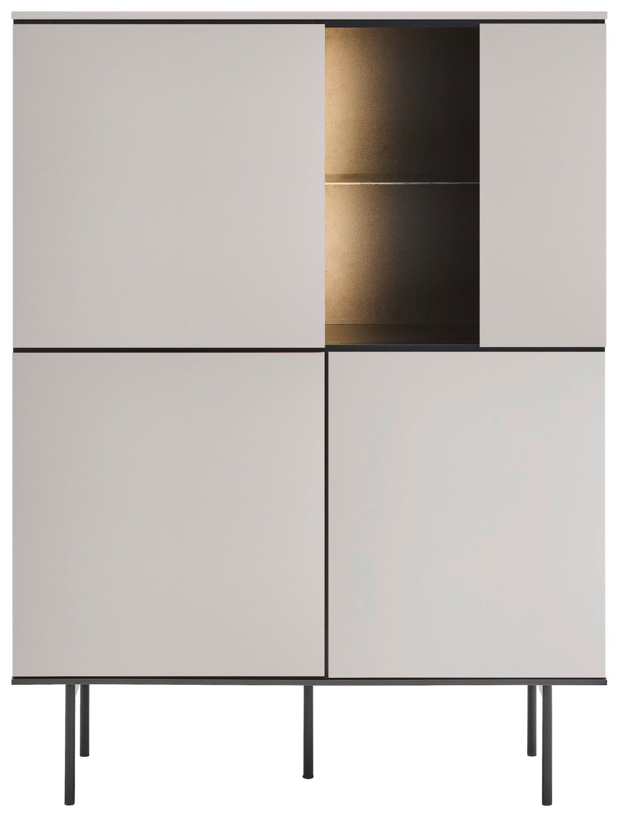 Modernes Highboard mit schlichten weißen Türen und einem offenen Fach mit Beleuchtung, frontal betrachtet.