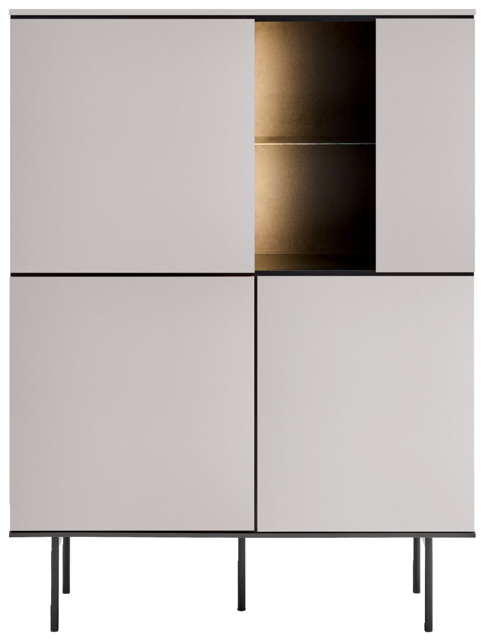 Modernes Highboard mit schlichten weißen Türen und einem offenen Fach mit Beleuchtung, frontal betrachtet.