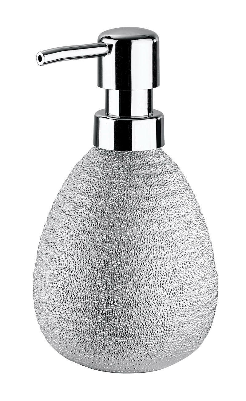 Keramik Seifenspender Polaris Ju mit strukturierter Oberfläche und glänzendem Pumpkopf, Frontalansicht
