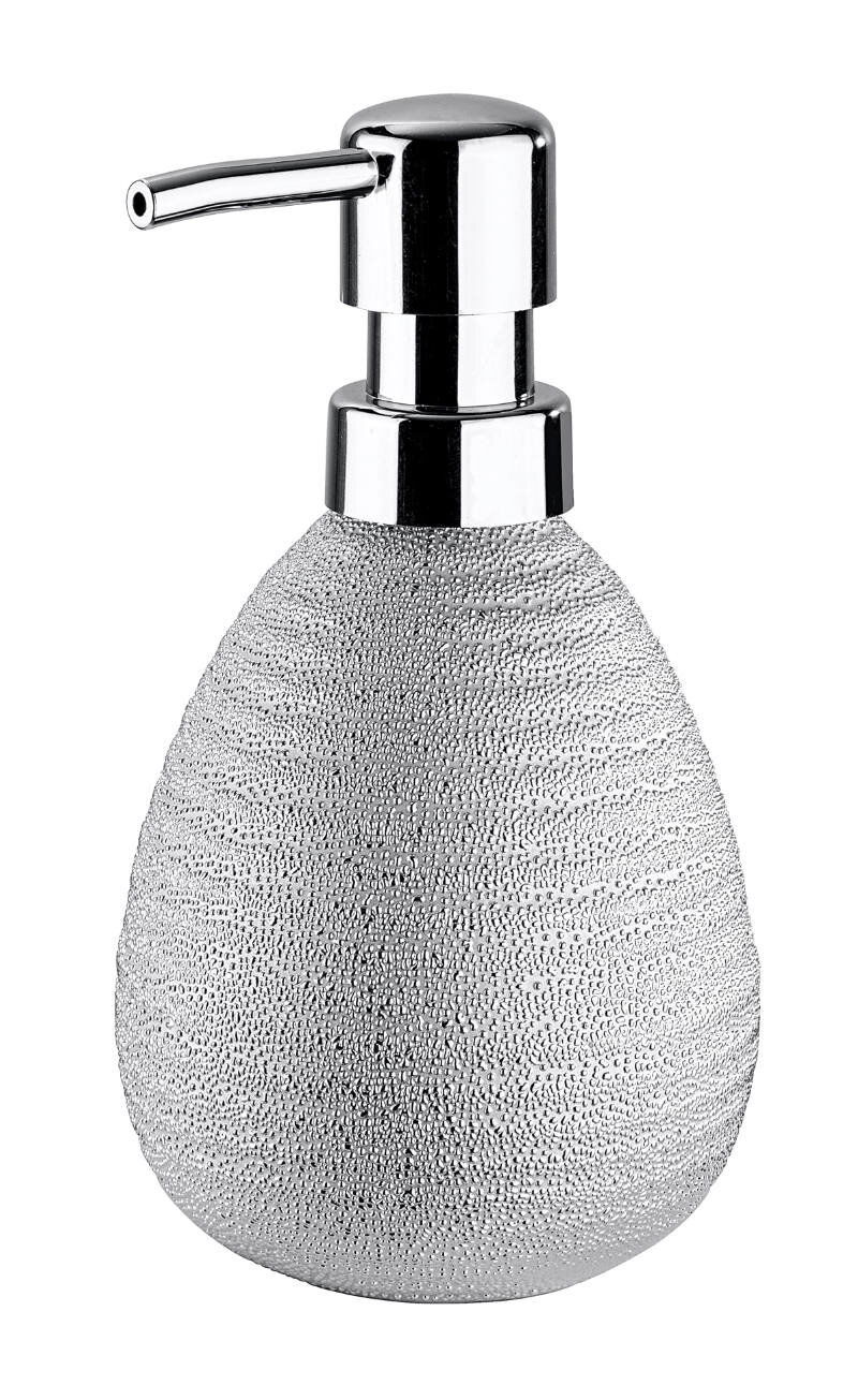 Keramik Seifenspender Polaris Ju mit strukturierter Oberfläche und glänzendem Pumpkopf, Frontalansicht