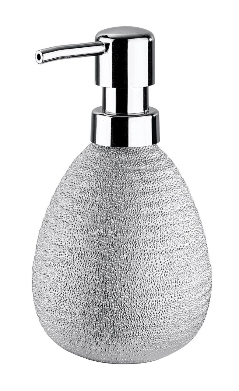 Keramik Seifenspender Polaris Ju mit strukturierter Oberfläche und glänzendem Pumpkopf, Frontalansicht