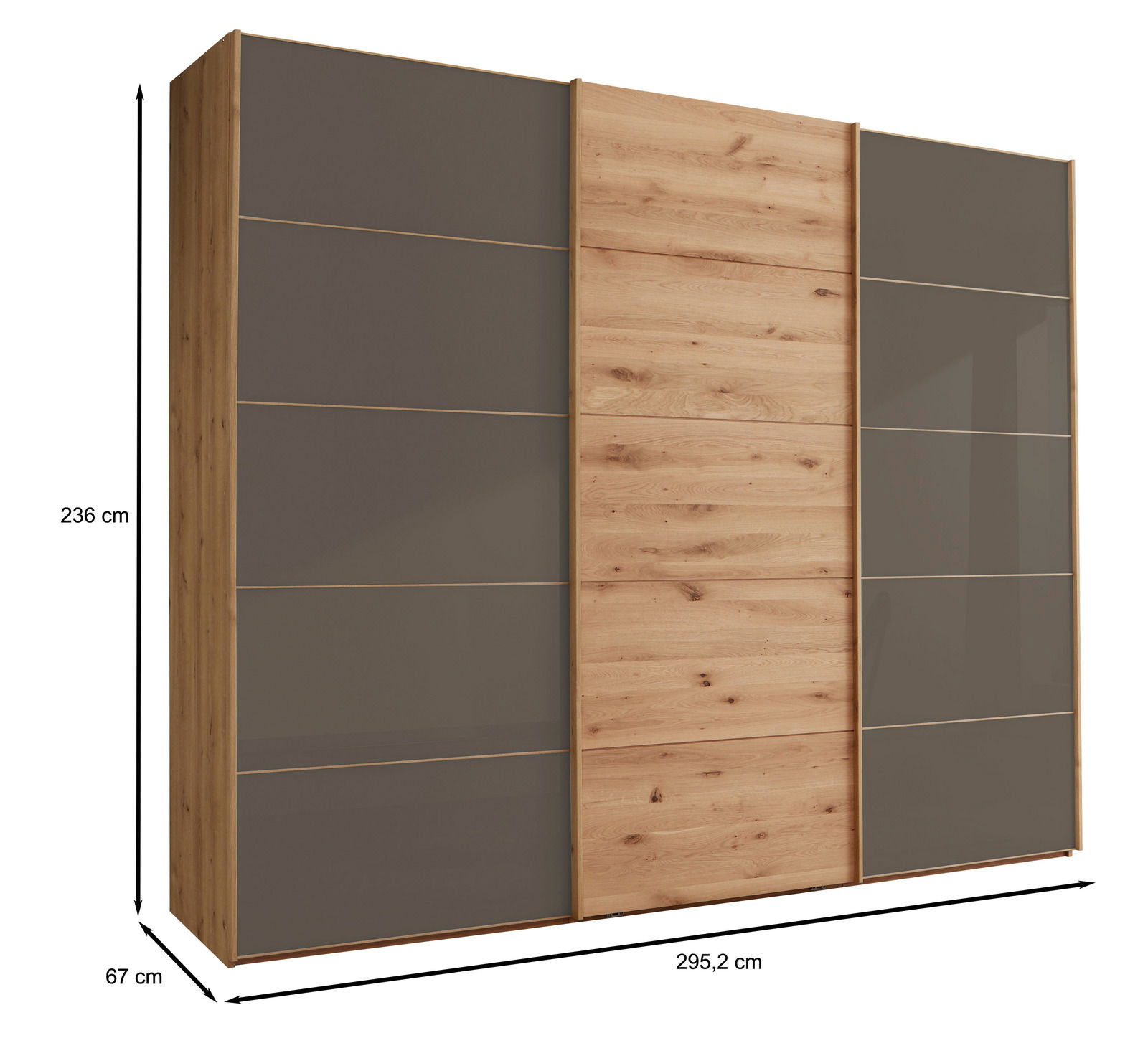 Schwebetürenschrank mit drei Türen in Holzoptik und grauen Paneelen, seitliche Perspektive