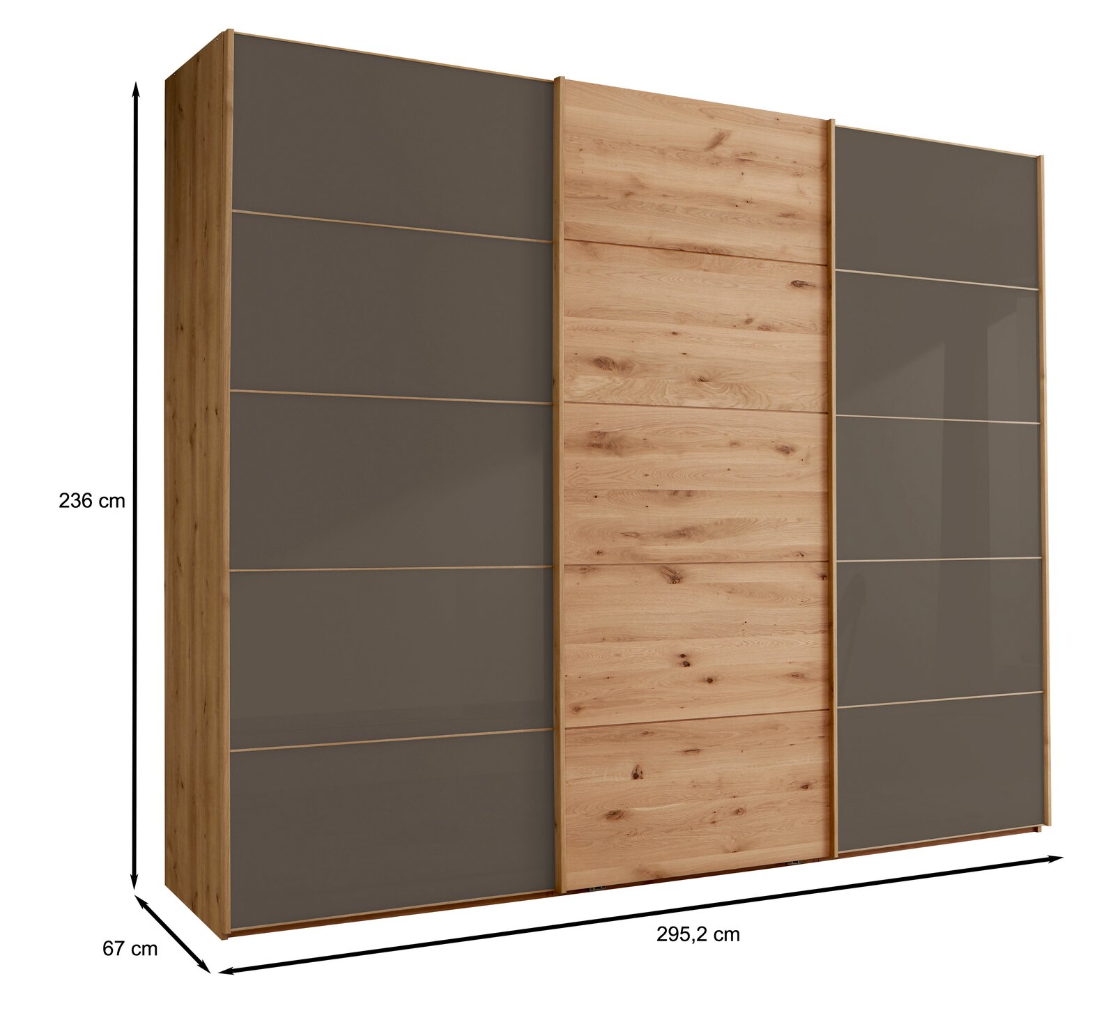 Linea Natura Schwebetürenschrank 3-türig CARDIFF Schwebetürenschrank mit drei Türen in Holzoptik und grauen Paneelen, seitliche Perspektive