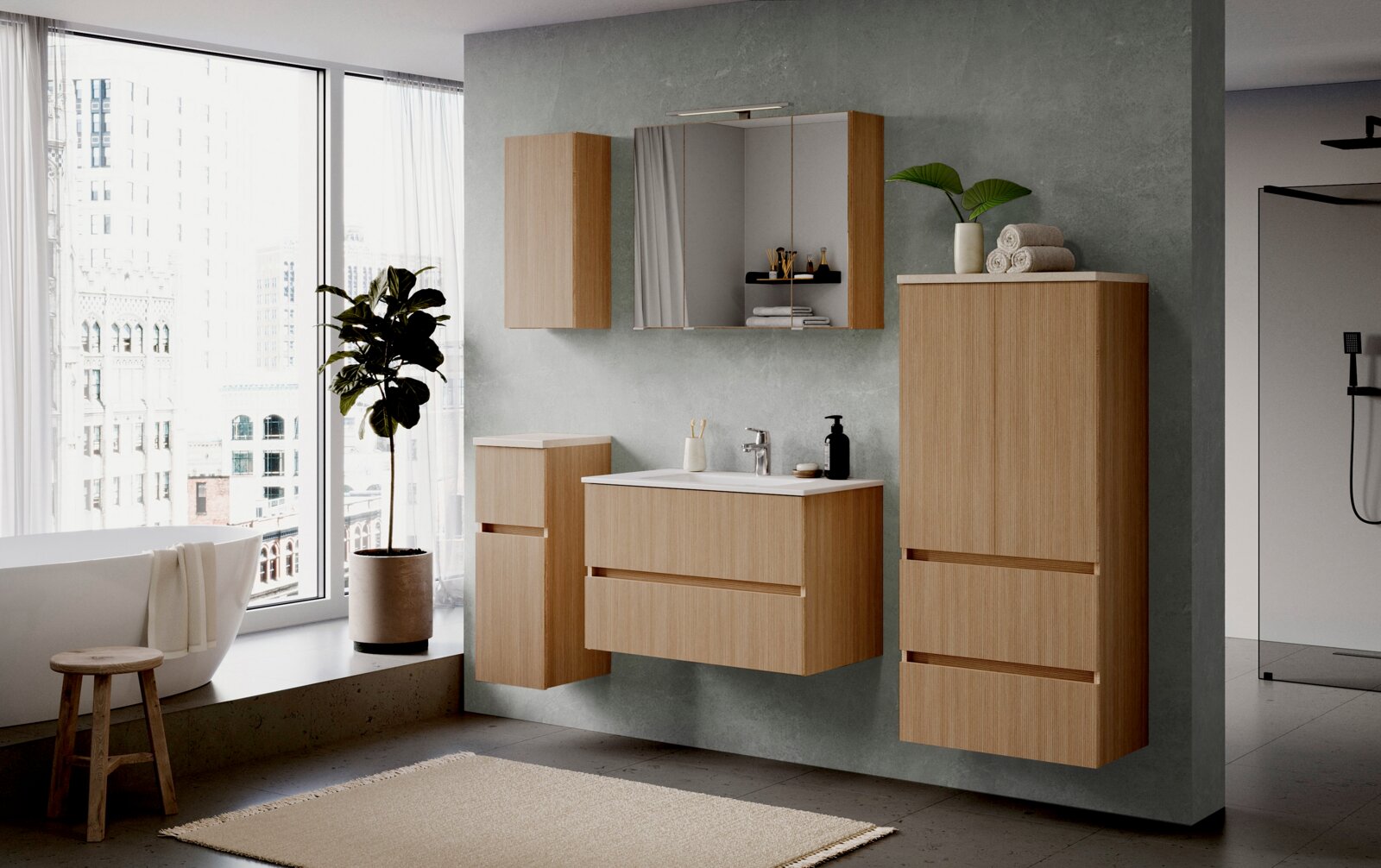 Moderner Midischrank 60 cm in Holzoptik, Teil eines stilvollen Badezimmersets, aus seitlicher Perspektive fotografiert.
