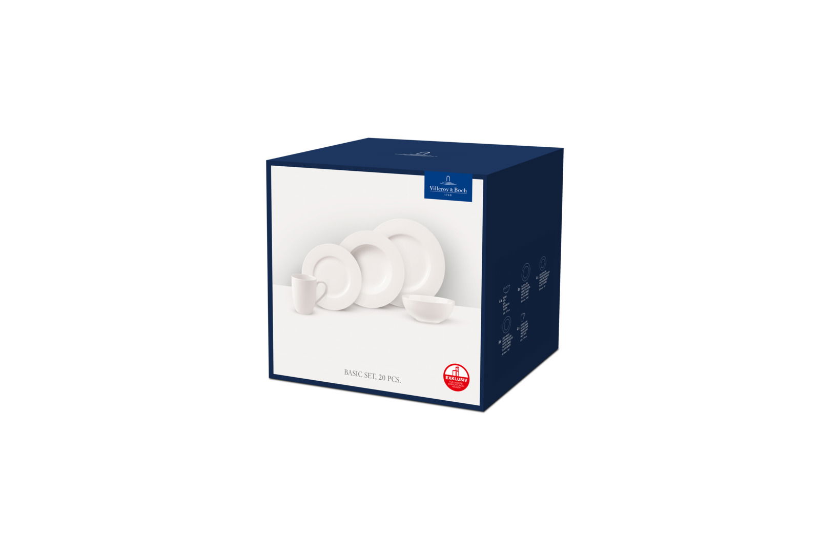 Verpackung des Kombiservice Basic White 20-teilig, Vorderansicht mit Abbildung von Geschirrset bestehend aus Tassen, Tellern und Schalen.