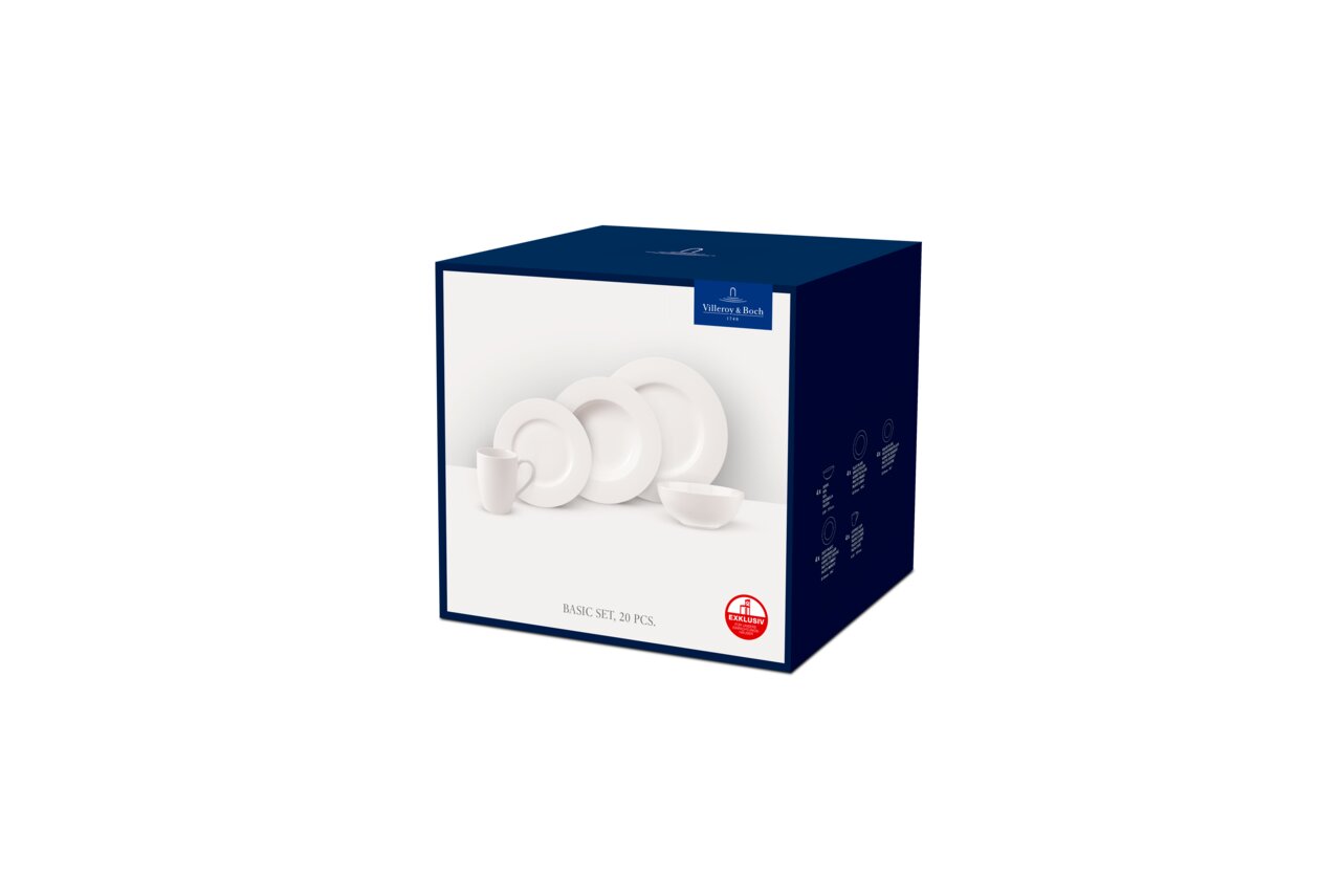 Verpackung des Kombiservice Basic White 20-teilig, Vorderansicht mit Abbildung von Geschirrset bestehend aus Tassen, Tellern und Schalen.