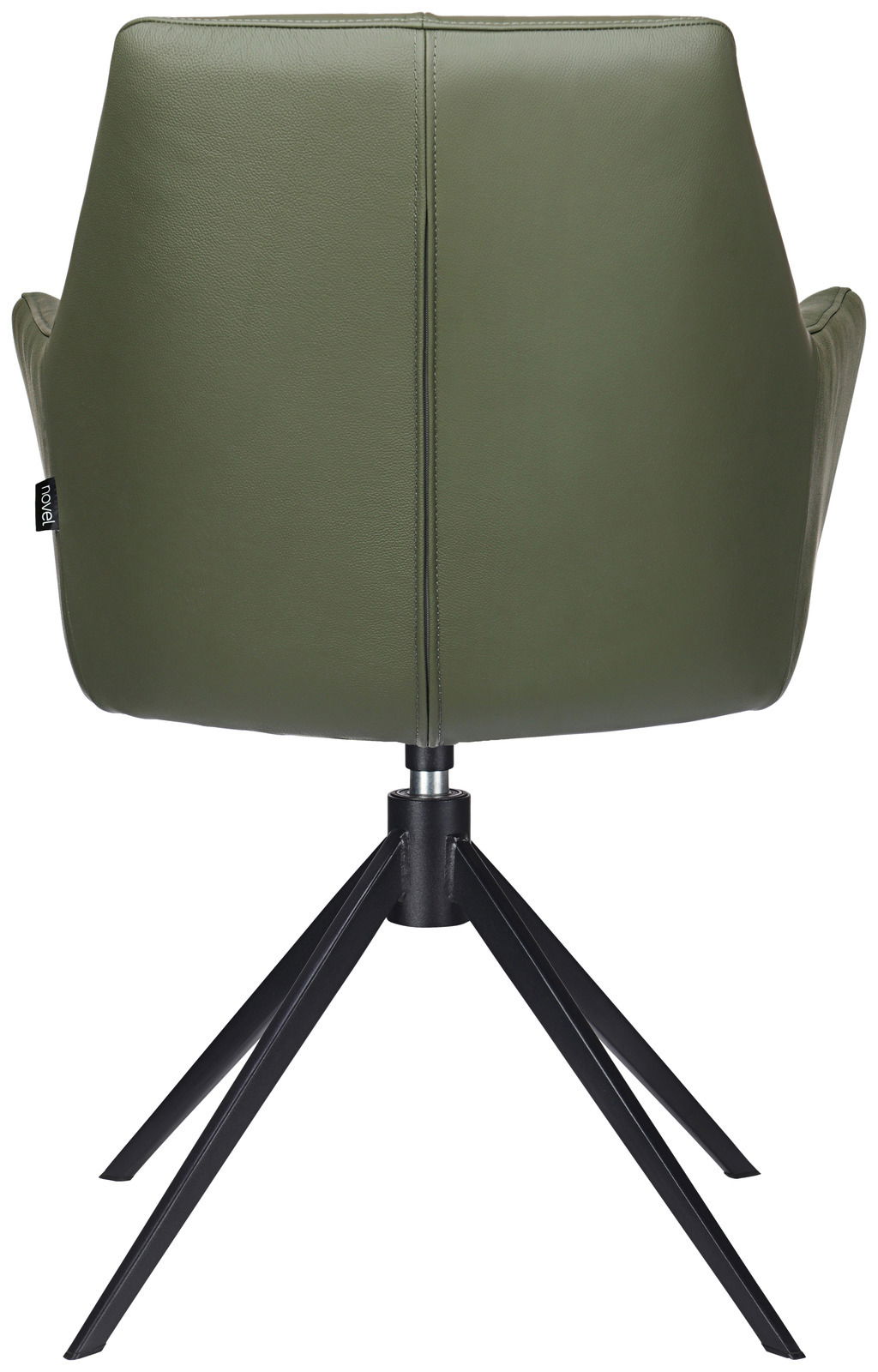 Rückansicht eines grünen Armlehnstuhls mit schwarzem Metallgestell