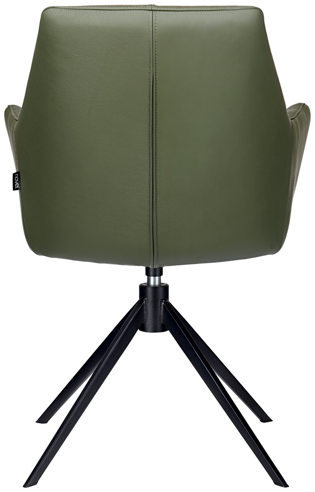 Rückansicht eines grünen Armlehnstuhls mit schwarzem Metallgestell