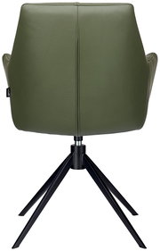 Rückansicht eines grünen Armlehnstuhls mit schwarzem Metallgestell