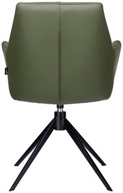 Rückansicht eines grünen Armlehnstuhls mit schwarzem Metallgestell