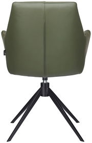 Rückansicht eines grünen Armlehnstuhls mit schwarzem Metallgestell