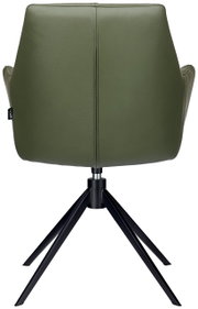 Rückansicht eines grünen Armlehnstuhls mit schwarzem Metallgestell