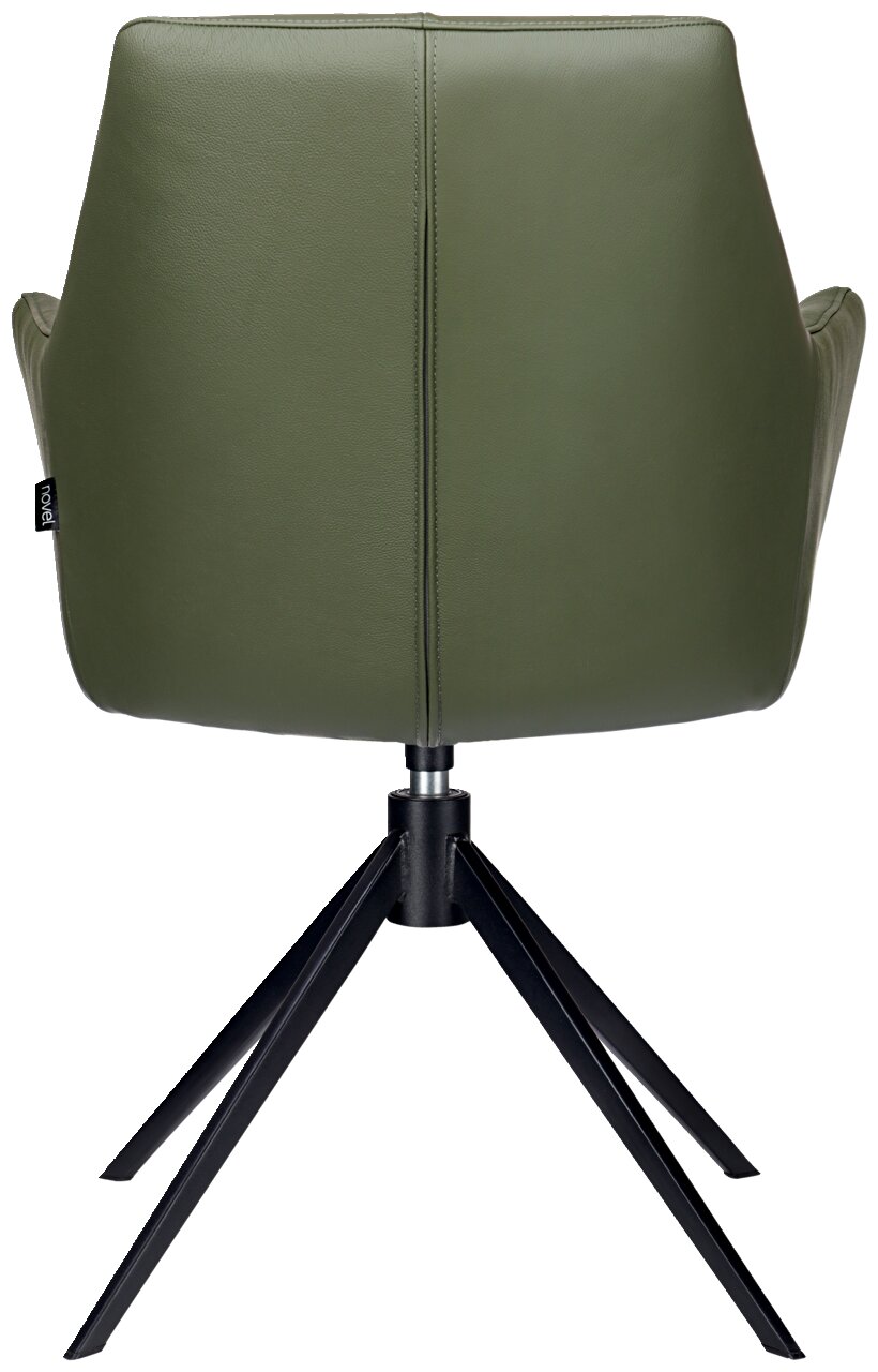 Achterkant van een groene fauteuil met een zwart metalen frame
