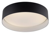 Runde Deckenleuchte in Schwarz mit weißem Diffusor, moderne flache Form, Ansicht leicht von unten (Untersicht)