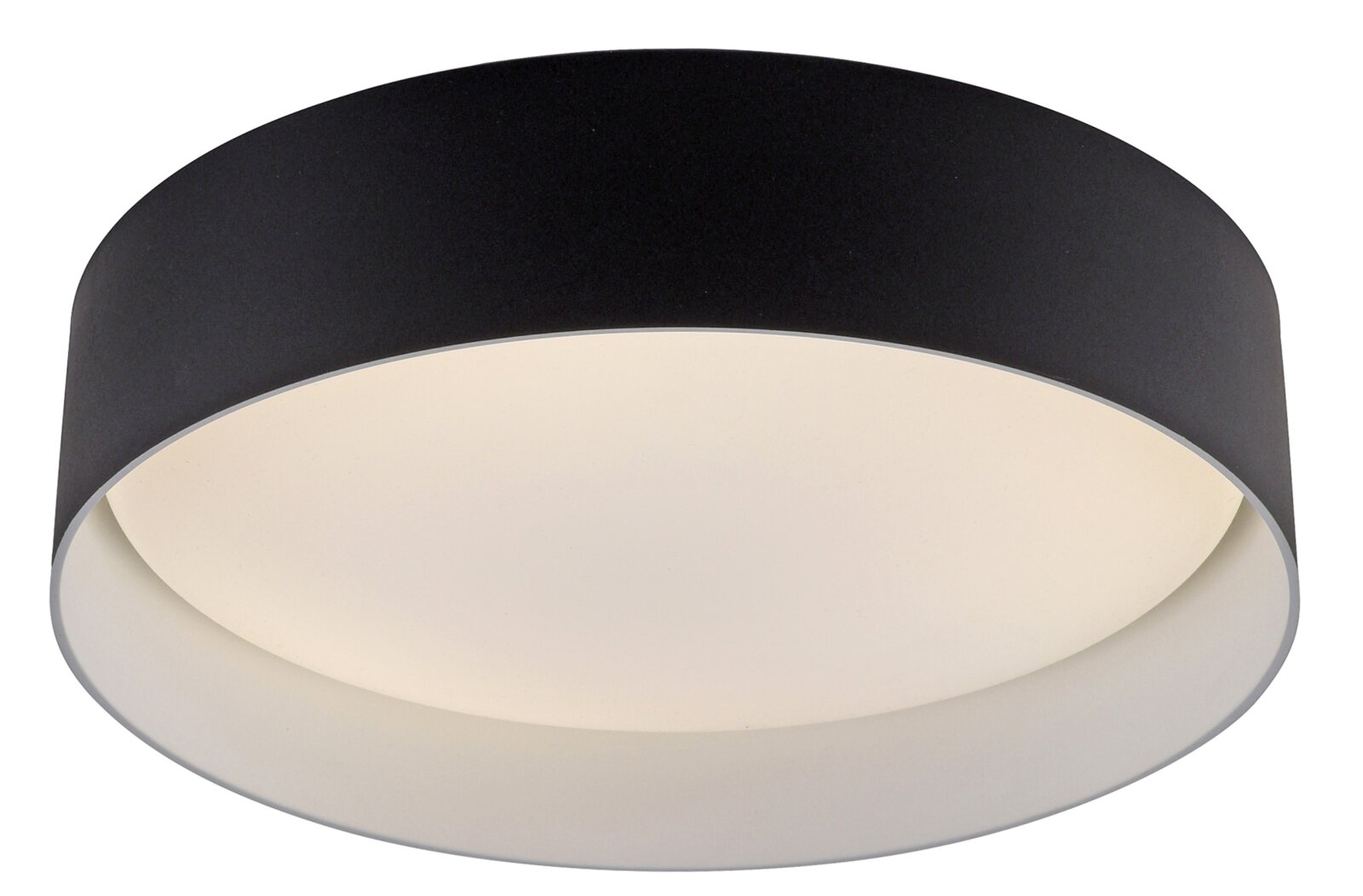 Runde Deckenleuchte in Schwarz mit weißem Diffusor, moderne flache Form, Ansicht leicht von unten (Untersicht)