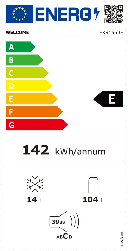 Energieeffizienzlabel für ein Küchengerät mit der Klasse E, einem jährlichen Energieverbrauch von 142 kWh, einem Gefrierfachvolumen von 14 Litern, einem Kühlfachvolumen von 104 Litern und einer Geräuschentwicklung von 39 dB. Frontalansicht.