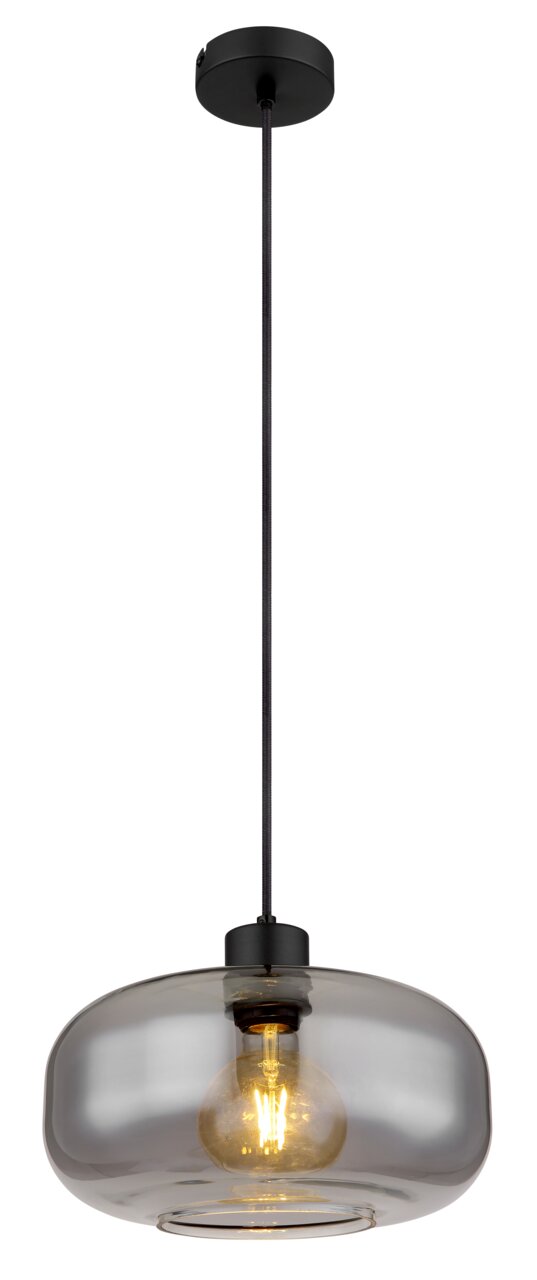 Moderne Hängeleuchte mit rauchgrauem Glasschirm und sichtbarer Glühbirne, seitliche Perspektive