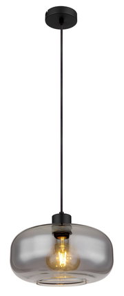 Moderne Hängeleuchte mit rauchgrauem Glasschirm und sichtbarer Glühbirne, seitliche Perspektive