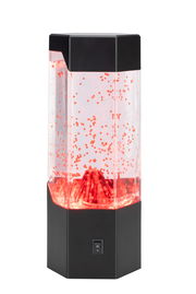 LED-Dekoleuchte mit schwarzem Sockel und transparentem Gehäuse, gefüllt mit roten Partikeln, frontal betrachtet.