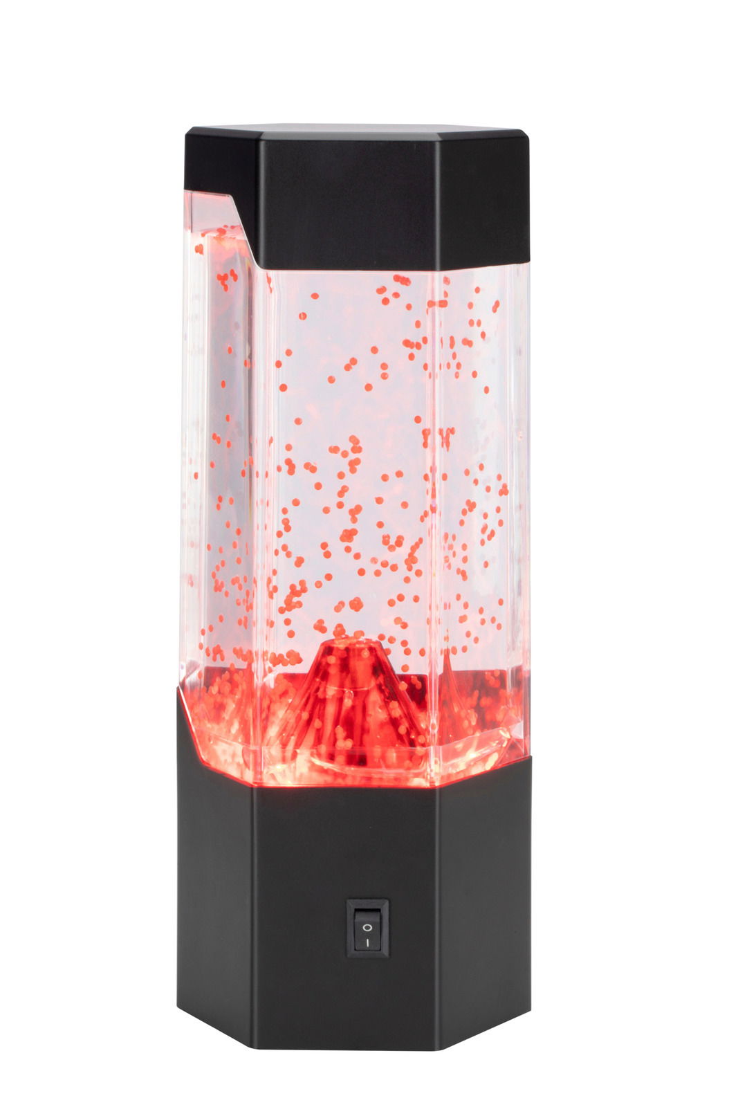 LED-Dekoleuchte mit schwarzem Sockel und transparentem Gehäuse, gefüllt mit roten Partikeln, frontal betrachtet.