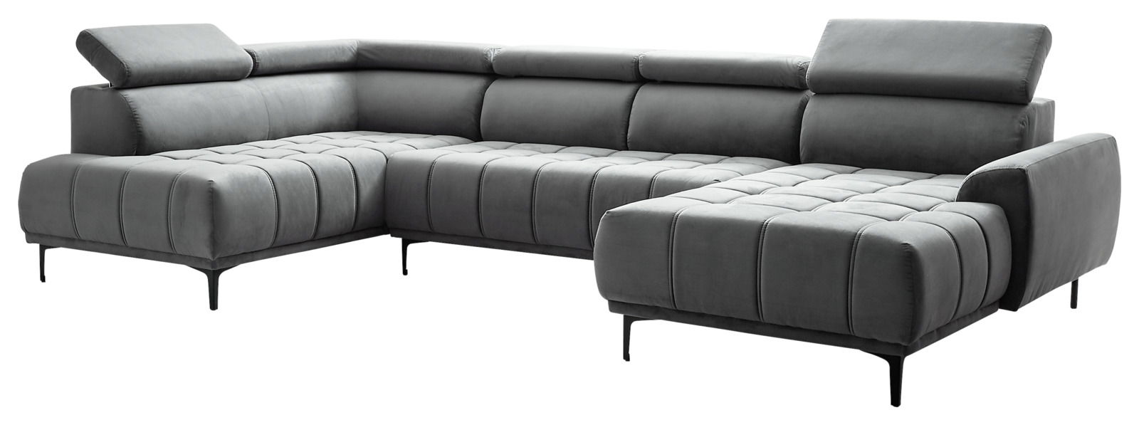 Graue Polsterrundecke in L-Form mit verstellbaren Kopfstützen, seitliche Perspektive