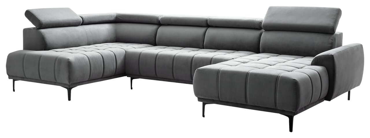 Graue Polsterrundecke in L-Form mit verstellbaren Kopfstützen, seitliche Perspektive