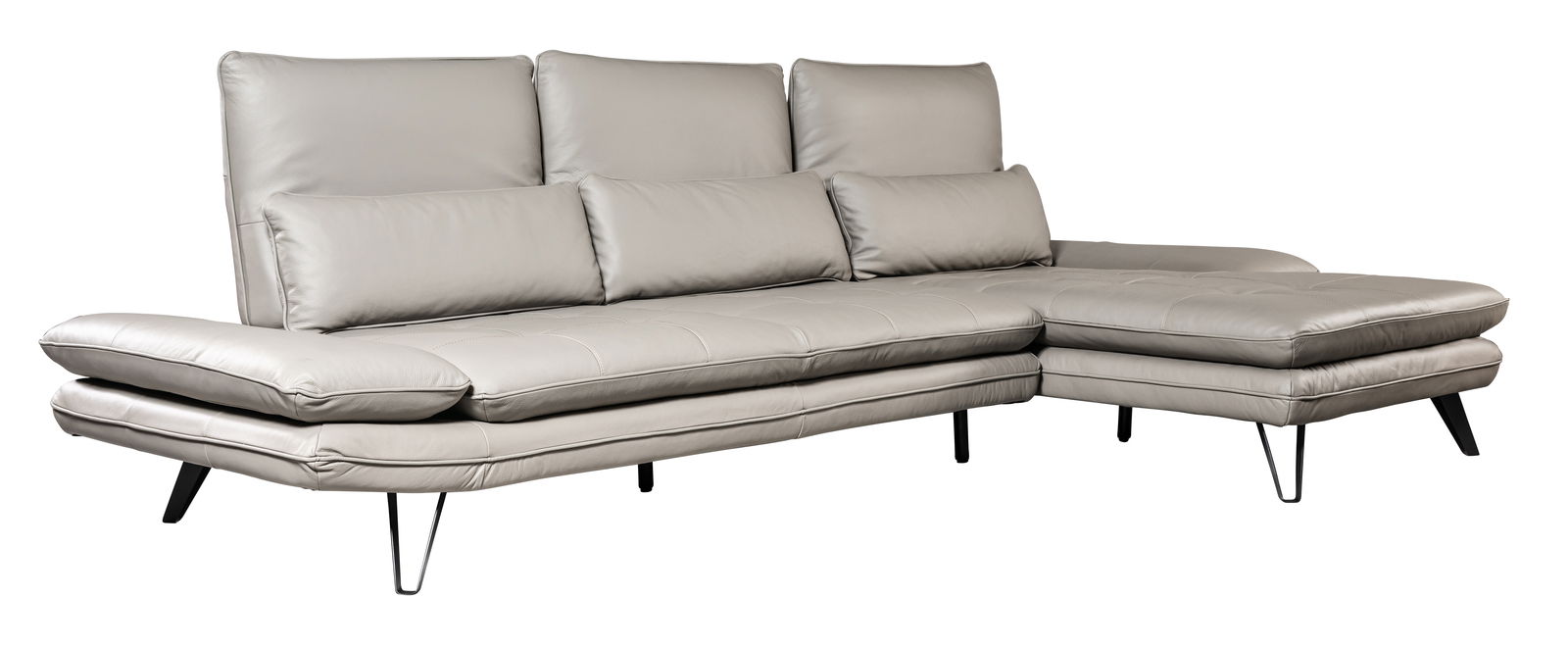 Graues Ledersofa mit Longchair, seitliche Perspektive