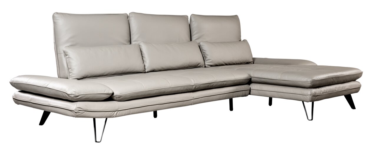 Graues Ledersofa mit Longchair, seitliche Perspektive