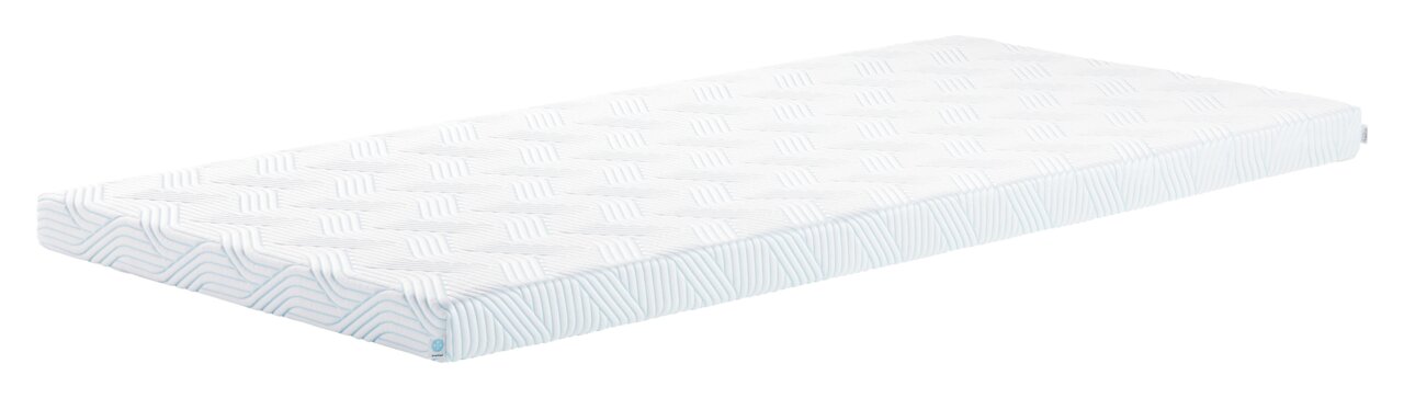 Tempur Topper Soft PRO PLUS SMARTCOOL Seitliche Ansicht eines weißen Matratzen-Toppers mit geometrischem Muster.