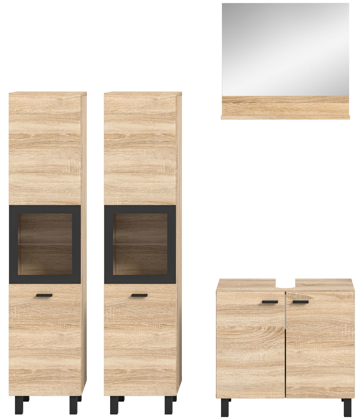 Frontale Ansicht der Badkombination MID.YOU BOSTON mit zwei hohen Schränken, einem Spiegel und einem Unterschrank in Holzoptik.