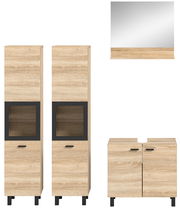 Frontale Ansicht der Badkombination MID.YOU BOSTON mit zwei hohen Schränken, einem Spiegel und einem Unterschrank in Holzoptik.