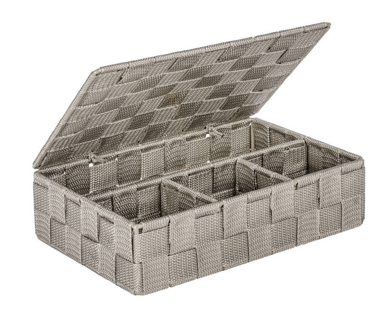 Geöffneter Badorganizer Adria klein mit Deckel, aus geflochtenem Material, seitliche Perspektive