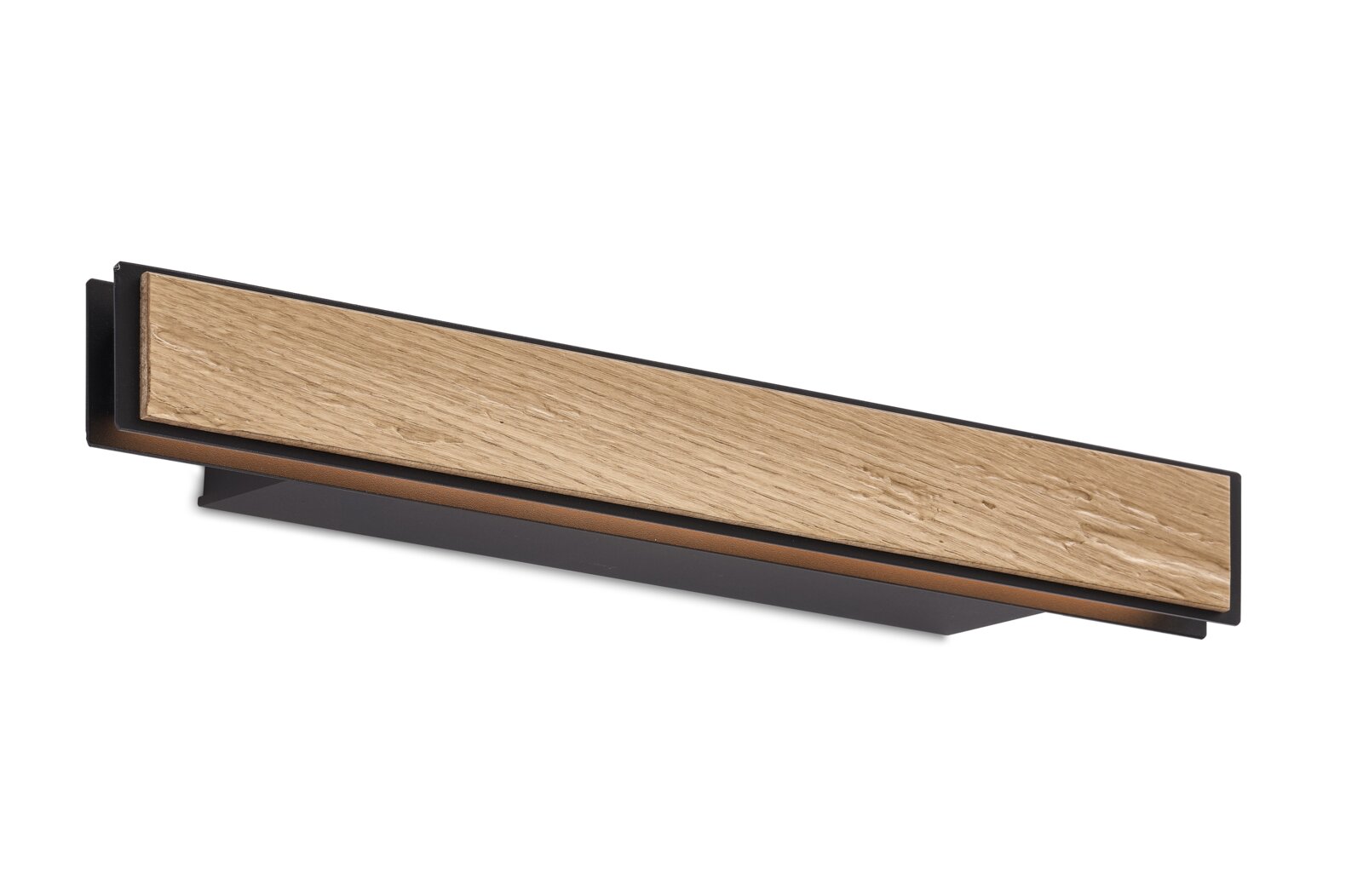 Langer Möbelgriff mit Front aus naturfarbenem Holz und schwarzem Metallrahmen, freigestellt in schräger Vorderansicht
