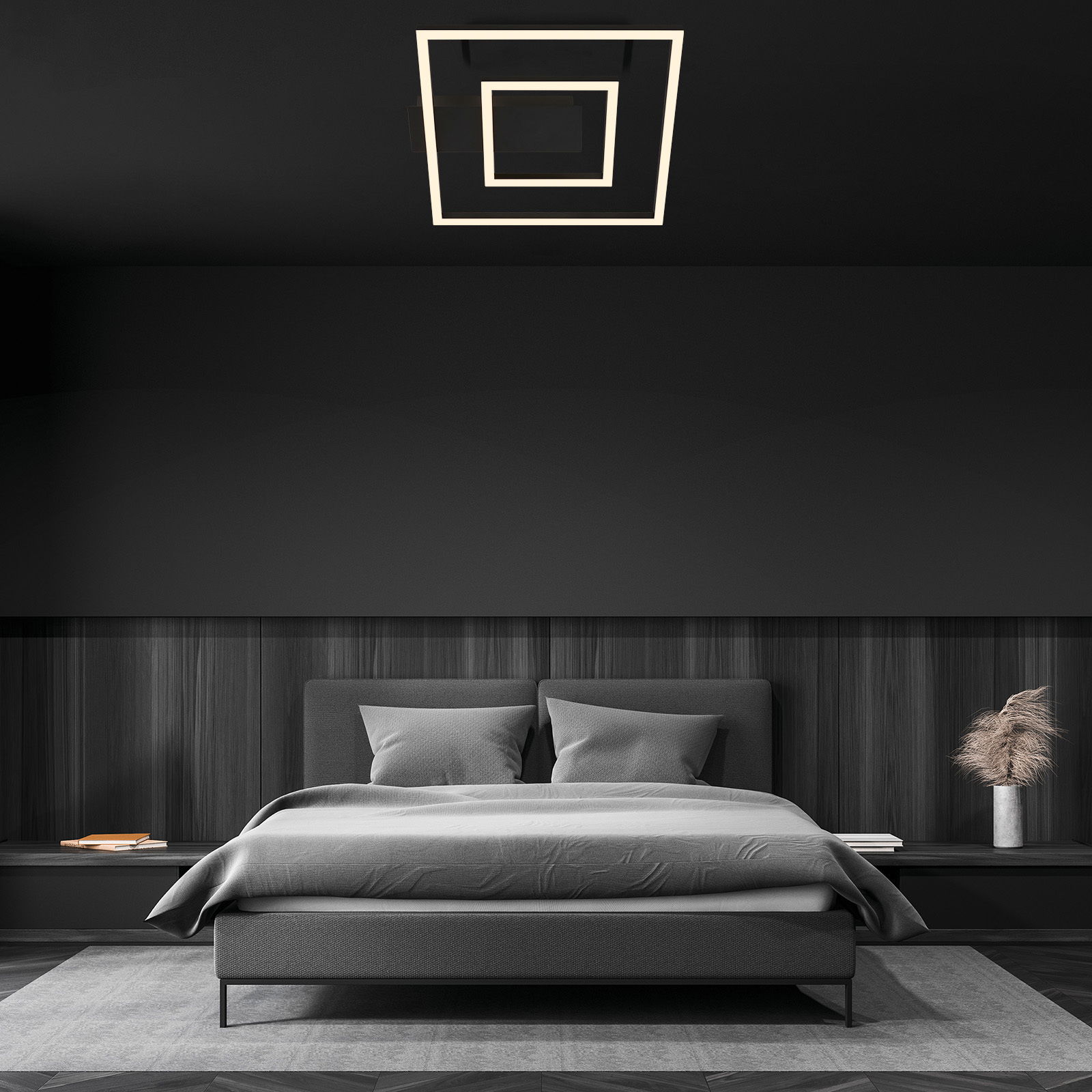Moderne LED Deckenleuchte in Schwarz, rechteckiges Design, an der Decke eines stilvollen Schlafzimmers montiert, aus der Perspektive vom Bett aus gesehen.