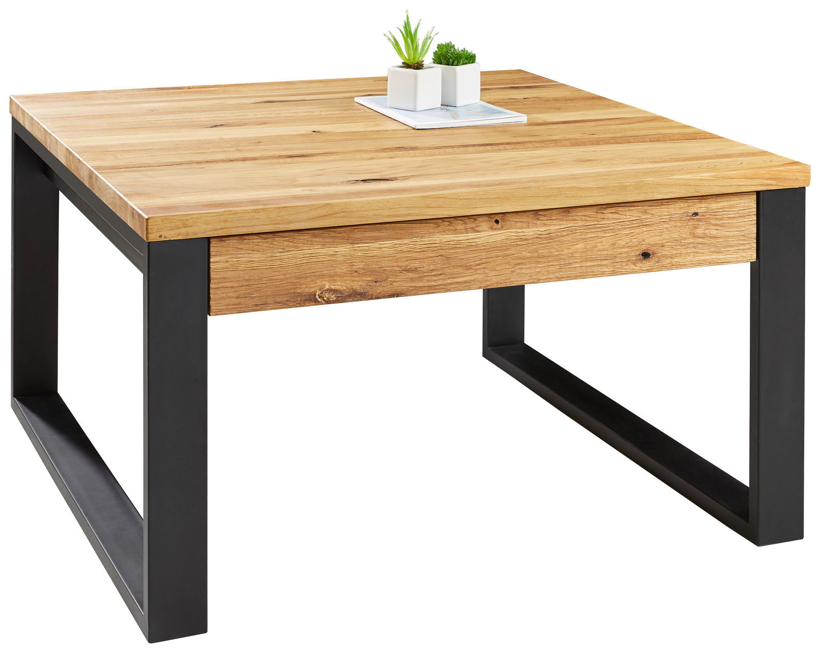 Moderner Couchtisch aus Holz mit schwarzem Metallgestell, seitliche Perspektive