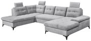 Graues Ecksofa in U-Form mit verstellbaren Kopfstützen, perspektivisch von vorne links fotografiert.