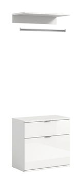 Weiße Kommode mit zwei Schubladen, darüber ein Regalbrett und eine Kleiderstange, frontal abgebildet.