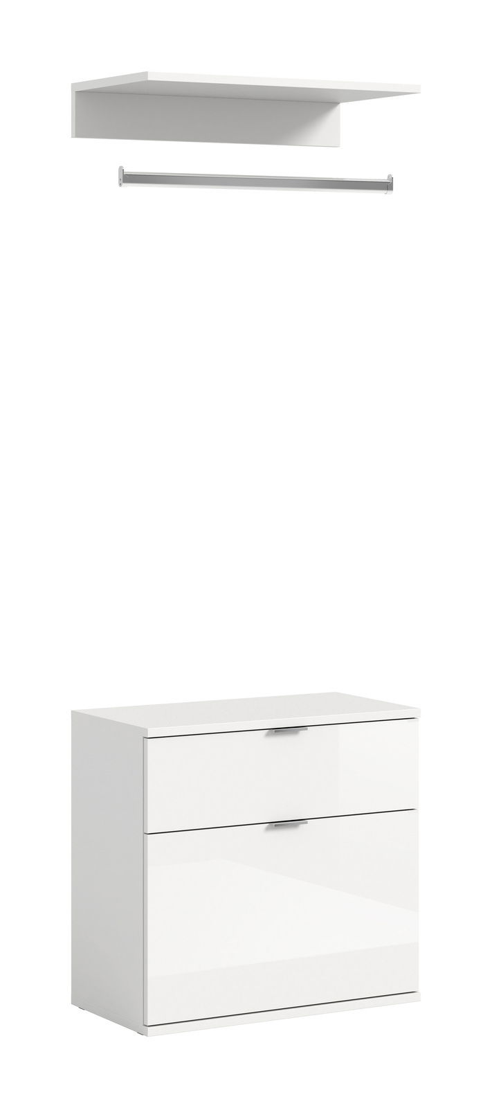 MID.YOU Garderobenkombination PROJEKT X Weiße Kommode mit zwei Schubladen, darüber ein Regalbrett und eine Kleiderstange, frontal abgebildet.