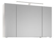 Badezimmer-Spiegelschrank mit drei verspiegelten Türen und integrierter LED-Aufbauleuchte in Chromoptik, frontale Ansicht