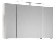 Badezimmer-Spiegelschrank mit drei verspiegelten Türen und integrierter LED-Aufbauleuchte in Chromoptik, frontale Ansicht