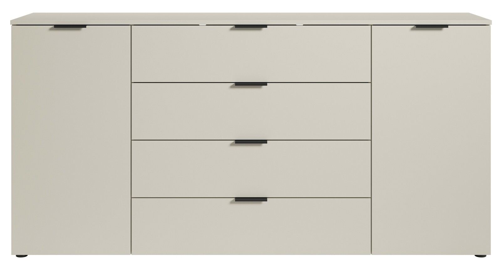 Frontale Ansicht eines modernen XL-Sideboards mit vier Schubladen und zwei Türen in einem minimalistischen Design.