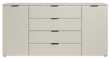 Frontale Ansicht eines modernen XL-Sideboards mit vier Schubladen und zwei Türen in einem minimalistischen Design.