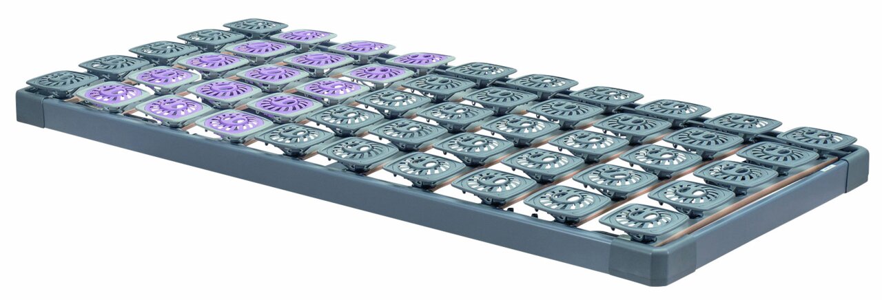 Systemrahmen 80x200 mit grauen und lila Federungselementen, seitliche Perspektive