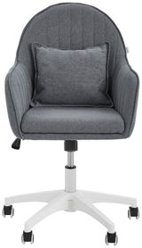 Grauer Homeoffice-Drehstuhl mit gepolstertem Sitz und Rückenlehne, inklusive Kissen, auf weißem Rollfuß, Frontalansicht