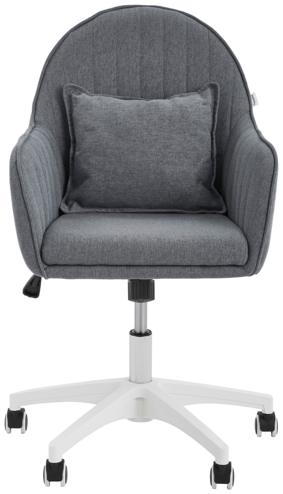 Grauer Homeoffice-Drehstuhl mit gepolstertem Sitz und Rückenlehne, inklusive Kissen, auf weißem Rollfuß, Frontalansicht