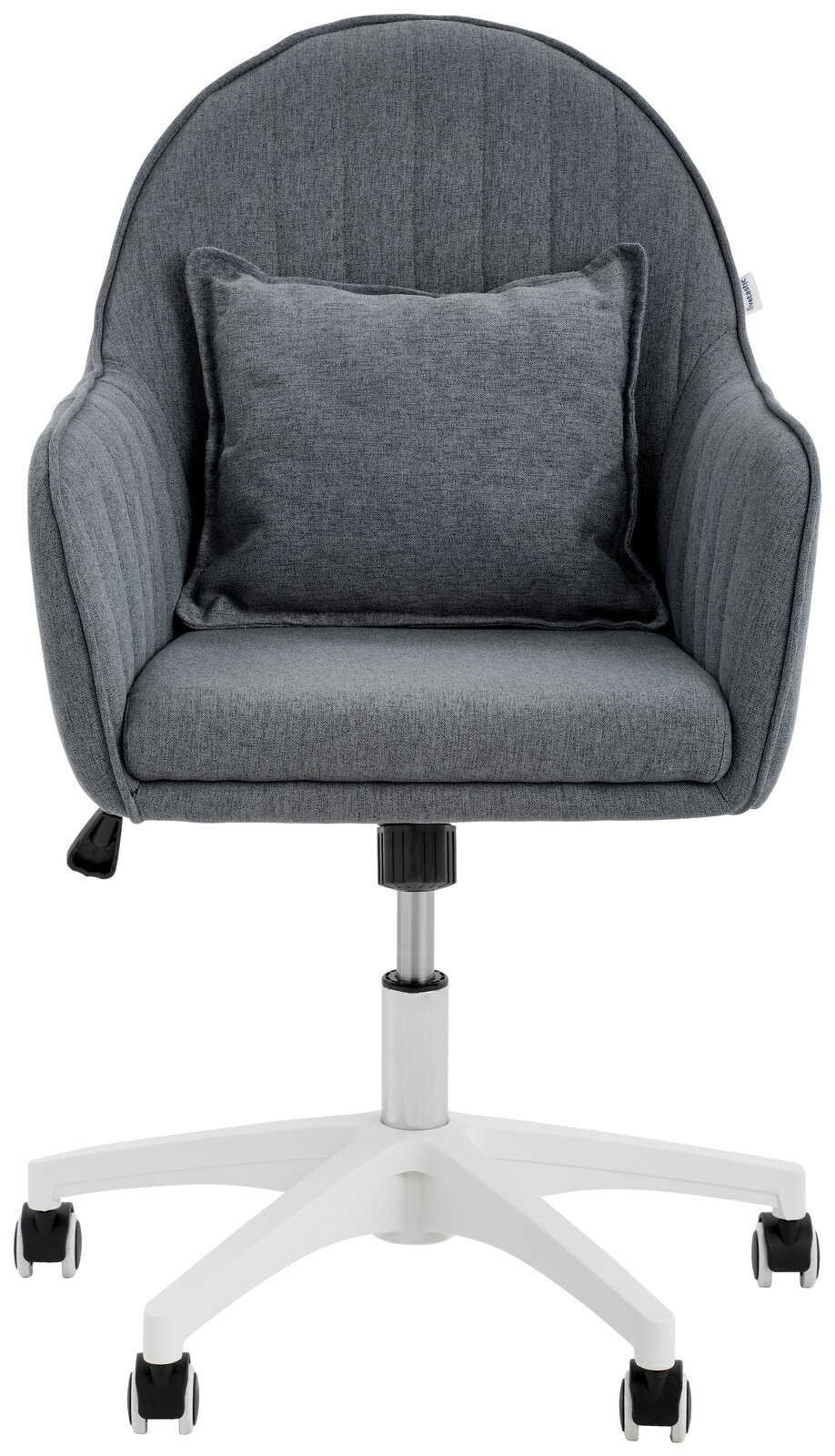 Grauer Homeoffice-Drehstuhl mit gepolstertem Sitz und Rückenlehne, inklusive Kissen, auf weißem Rollfuß, Frontalansicht