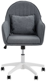 Grauer Homeoffice-Drehstuhl mit gepolstertem Sitz und Rückenlehne, inklusive Kissen, auf weißem Rollfuß, Frontalansicht