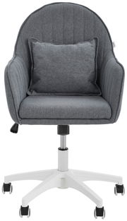 Grauer Homeoffice-Drehstuhl mit gepolstertem Sitz und Rückenlehne, inklusive Kissen, auf weißem Rollfuß, Frontalansicht